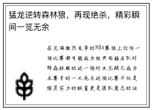 猛龙逆转森林狼，再现绝杀，精彩瞬间一览无余